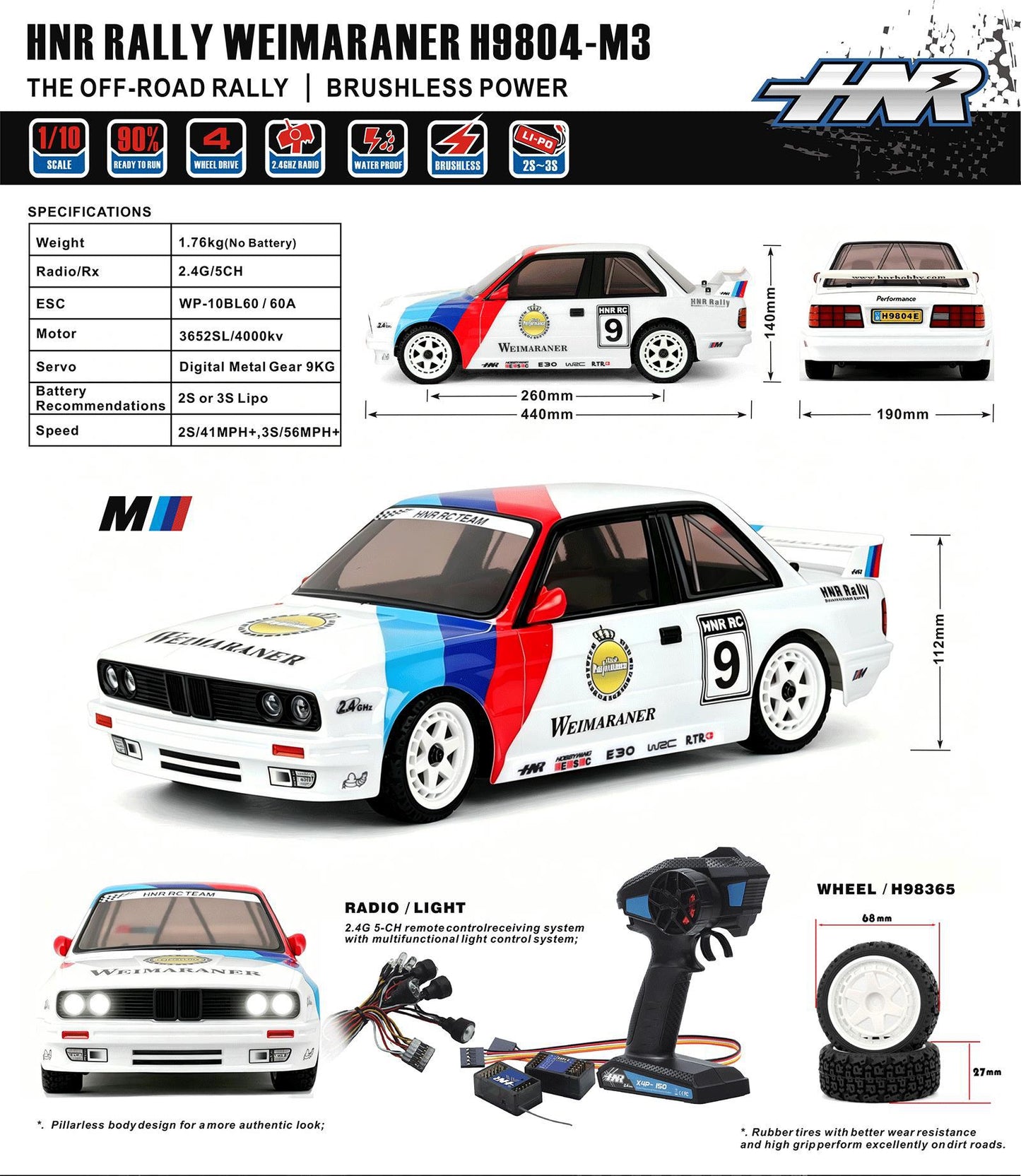 HNR H9804-M3 1/10 4WD Electric Off-Road Rally RC Car High Speed Brushless Simulation Model Car