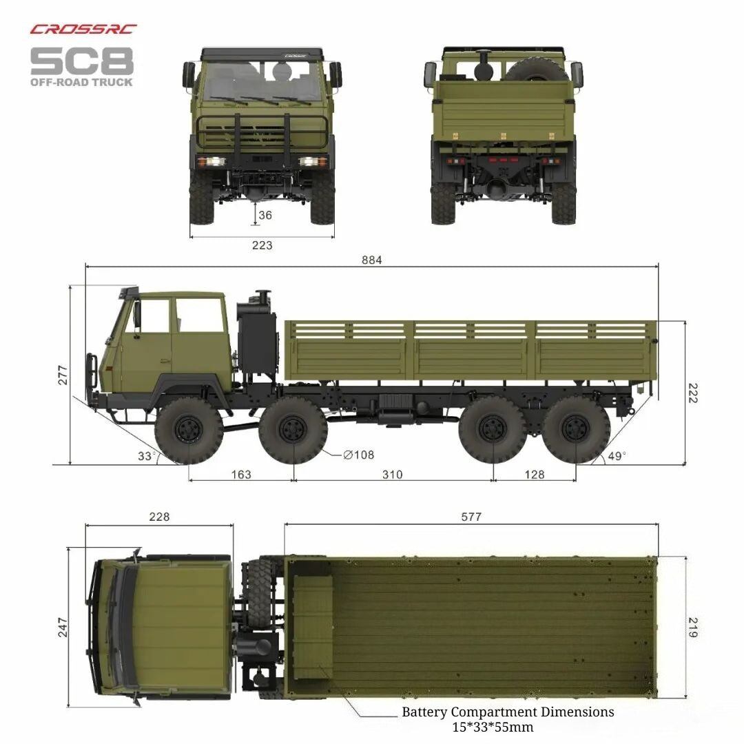 Model SC8 1/12 8x8 Professional Full Metal Chassis Heavy Truck - Dual Front Axle Steering Simulation Off-Road Vehicle