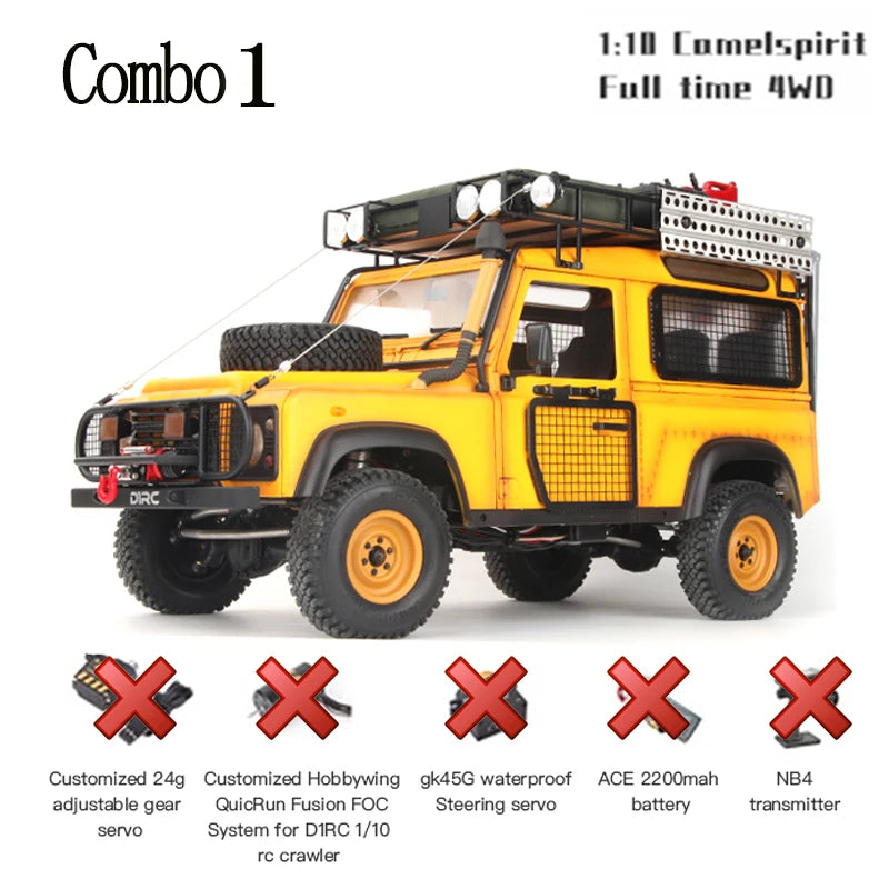 D1RC D90 Defender Camel Trophy Speed Metal Chasis 1/10 Scale Offroad Crawler Remote Control Truck for Adults-Hobby Grade Car