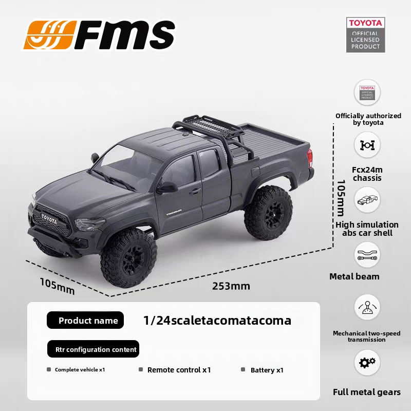 FMS 1/24 Toyota Tacoma Official Licensed RC Crawler - 4WD Simulation Off-Road Adventure Truck RTR