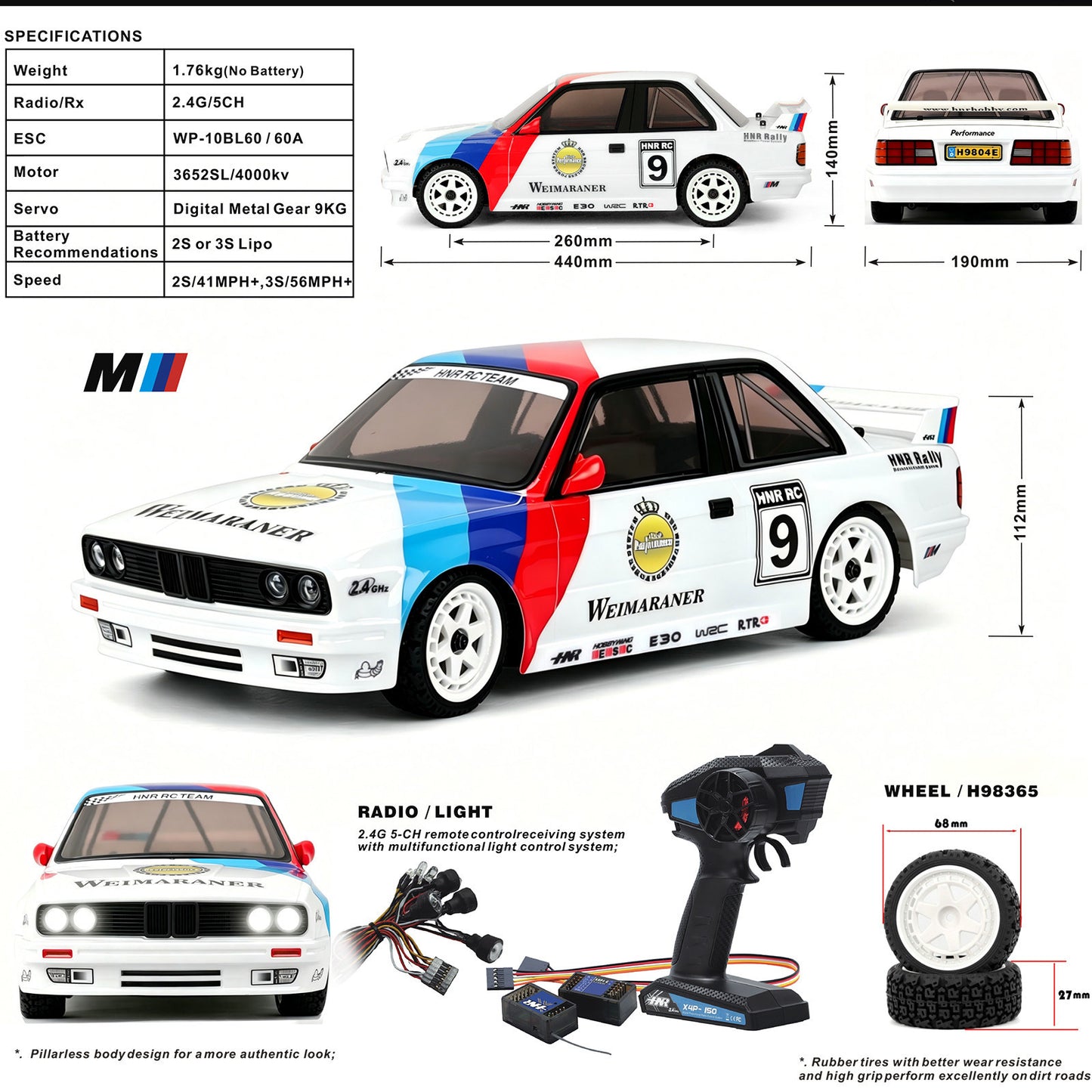 HNR H9804-M3 1/10 4WD Electric Off-Road Rally RC Car High Speed Brushless Simulation Model Car