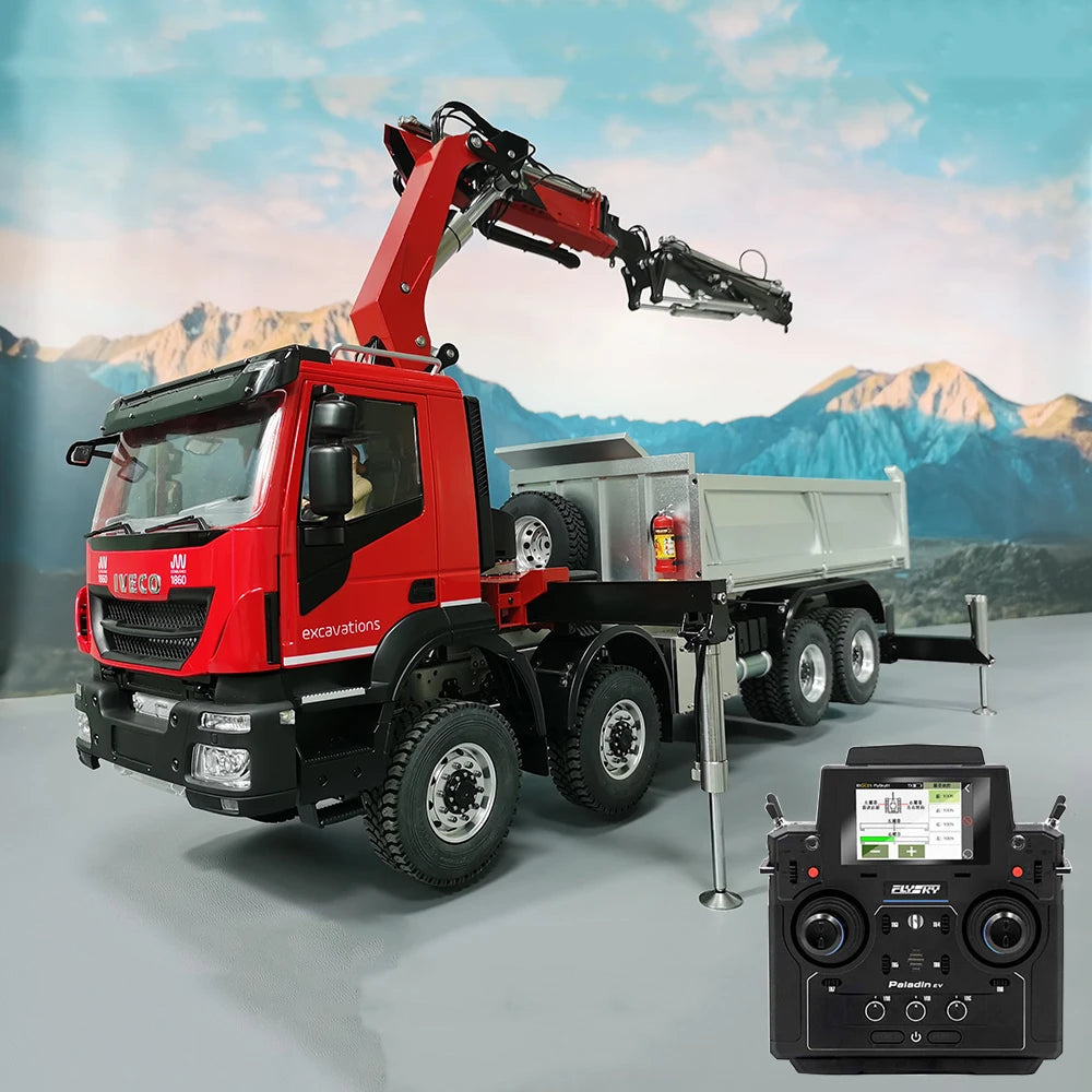 Iveco RC Crane 1/14 8x8 Hydraulic RC Crane Remote Control Dump Truck Metal Model RTR Crane Remote Control Car Boy Toys