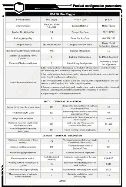 JX E20 RC Hydraulic Excavator 1/14 Remote Control Metal Mini Excavator RTR with Sound System Boy Remote Control Car Model Toy