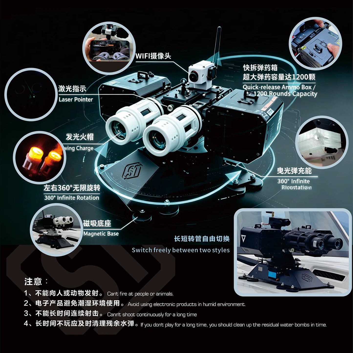 SF Fortress Turret Remote Control Dual-Barrel Cannon Toy Can Fire Water Bullets and Rotate 360°