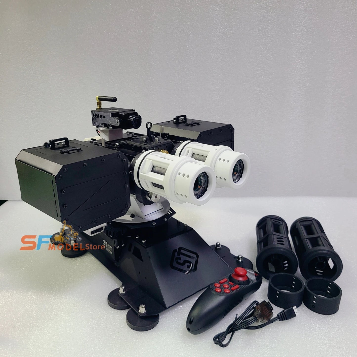 SF Fortress Turret Remote Control Dual-Barrel Cannon Toy Can Fire Water Bullets and Rotate 360°