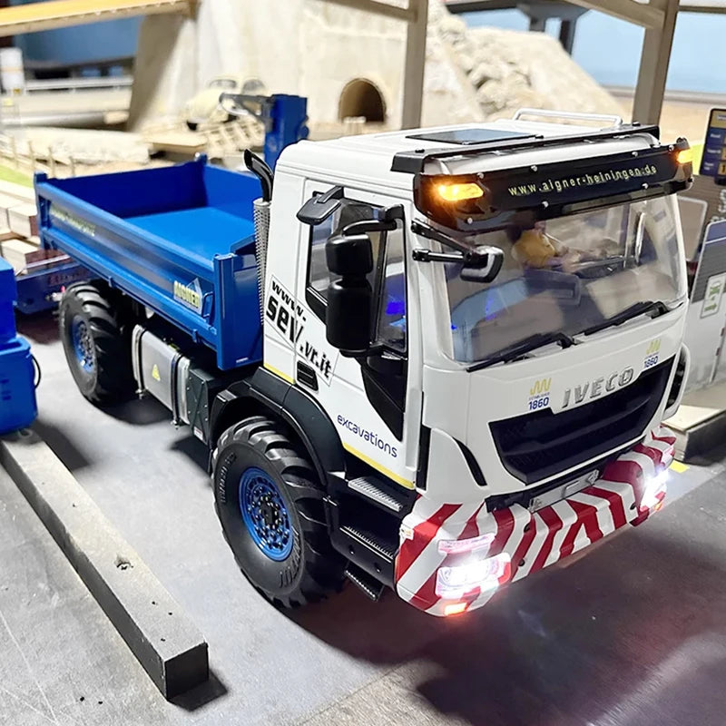 Iveco RC Hydraulic Dump Truck 4X4 1/14 with Light and Sound System Full Drive High Torque Remote Control Truck Metal Model Toy