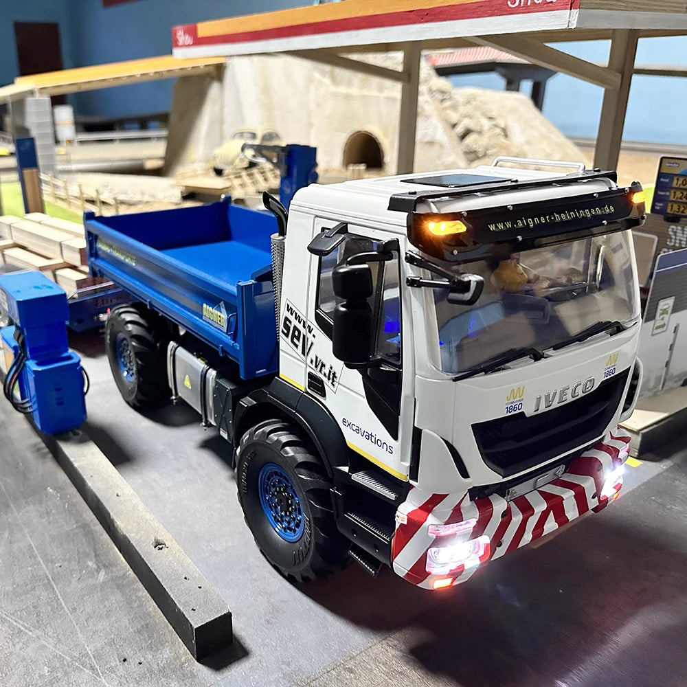 Iveco RC Hydraulic Dump Truck 4X4 1/14 with Light and Sound System Full Drive High Torque Remote Control Truck Metal Model Toy