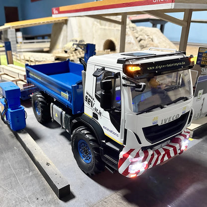 Iveco RC Hydraulic Dump Truck 4X4 1/14 with Light and Sound System Full Drive High Torque Remote Control Truck Metal Model Toy